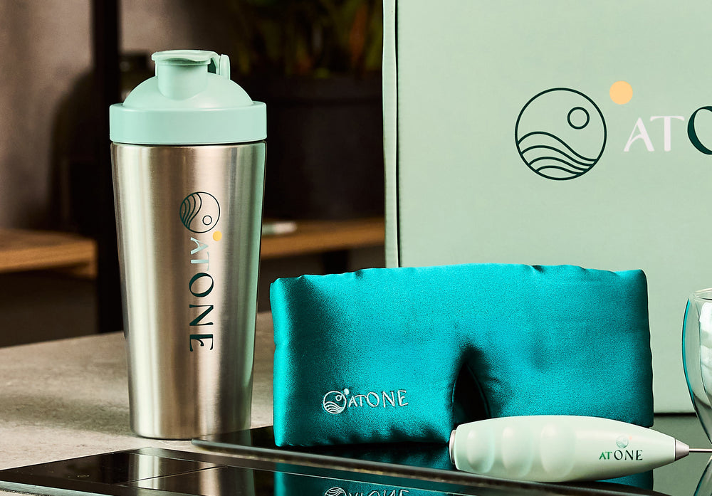 The Ultimate Bundle Pictured with a box of Morning Start
a box of evening restore, a
Battery powered Whisk, a
Double Walled Glass Tumbler,
Aluminium Shaker,
and a 
Luxury Silk Eye Mask with Satin Pouch