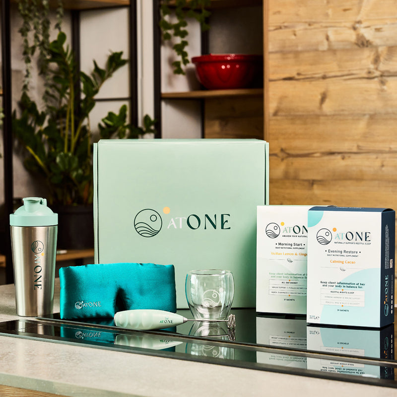 The Ultimate Bundle Pictured with a box of Morning Start
a box of evening restore, a
Battery powered Whisk, a
Double Walled Glass Tumbler,
Aluminium Shaker,
and a 
Luxury Silk Eye Mask with Satin Pouch